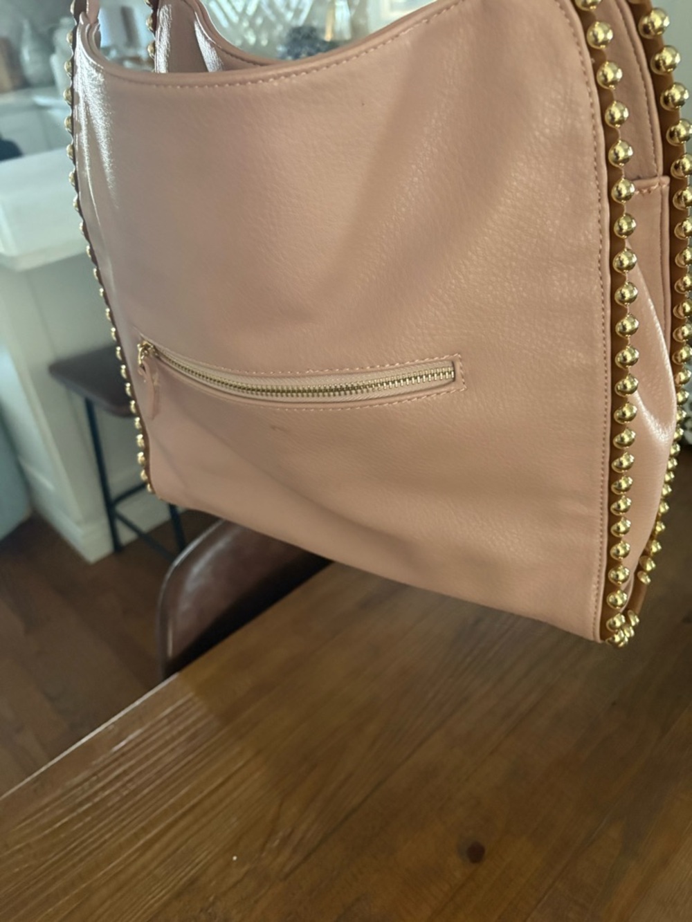 Women’s Leather Shoulder Bag in Blush Pink with Gold Bead Trim - Picture 4 of 7